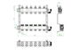 Oventrop Heizkreisverteiler mit sechs Kreisen und integrierten Durchflussindikatoren im Vorlauf, dargestellt in einer schematischen Diagrammzeichnung.